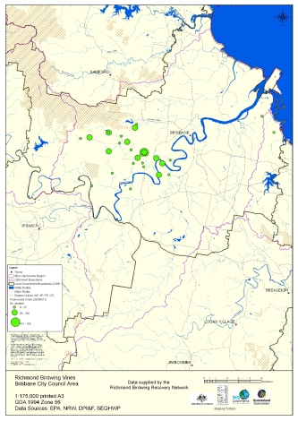 Map showing community planting of host vine for the Richmond Birdwing Butterfly.